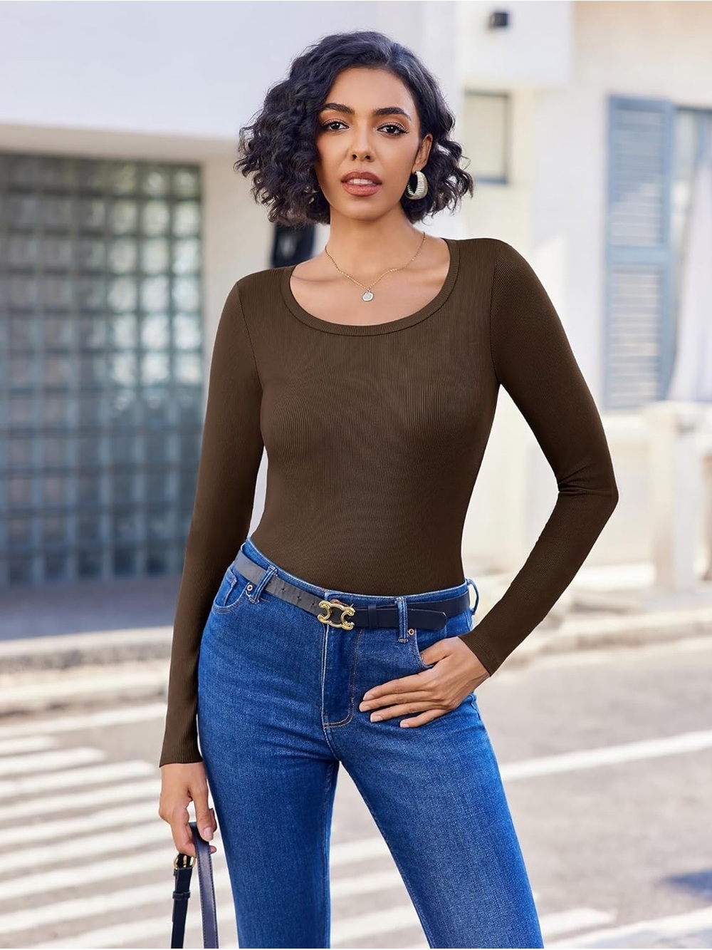 Ekouaer Long Sleeve Scoop Neck Slim Fit Basic Top Brown